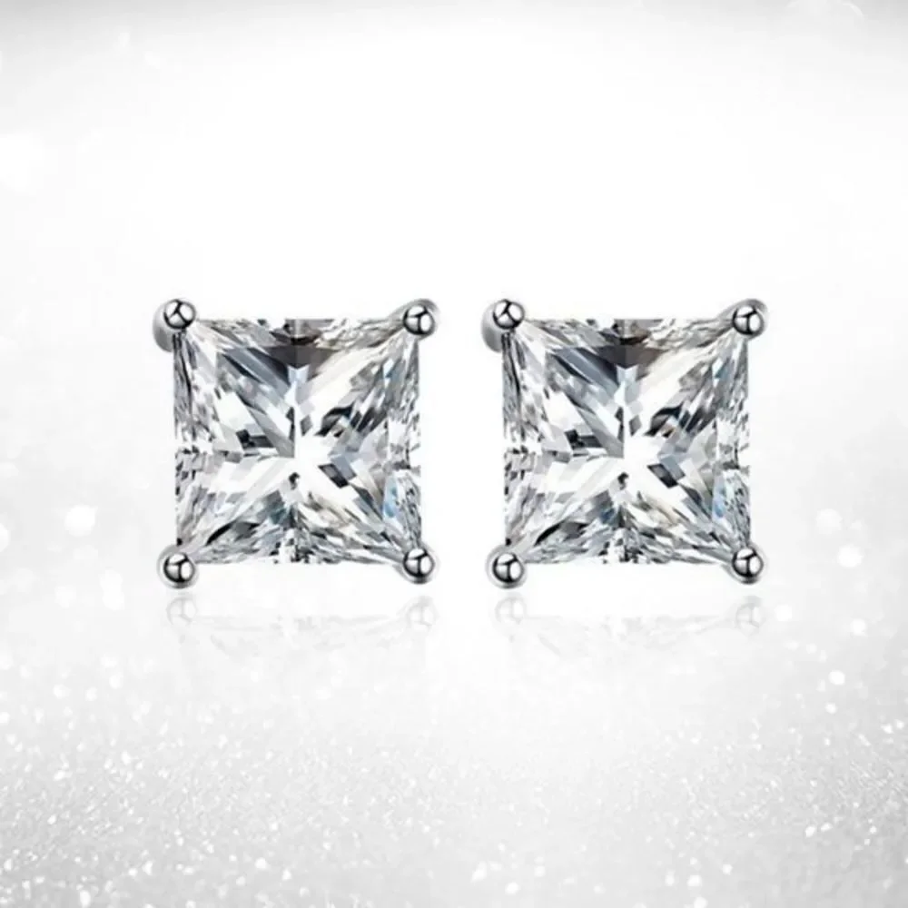 Renaissance 14k White Gold Princess Cut CZ Studs Lab Created Diamond Zirconia